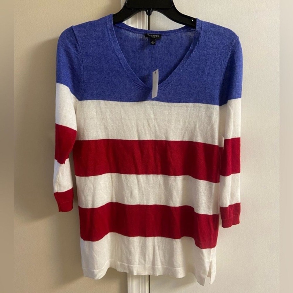 Talbots Blue, Red & White Striped V-Neck Sweater Linen Small NWT